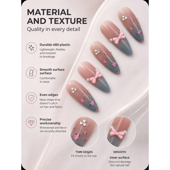 Pink‑Blue Gradient Heart Press‑On Nails, Gentle 3D Bow Rhinestone Almond False Nails